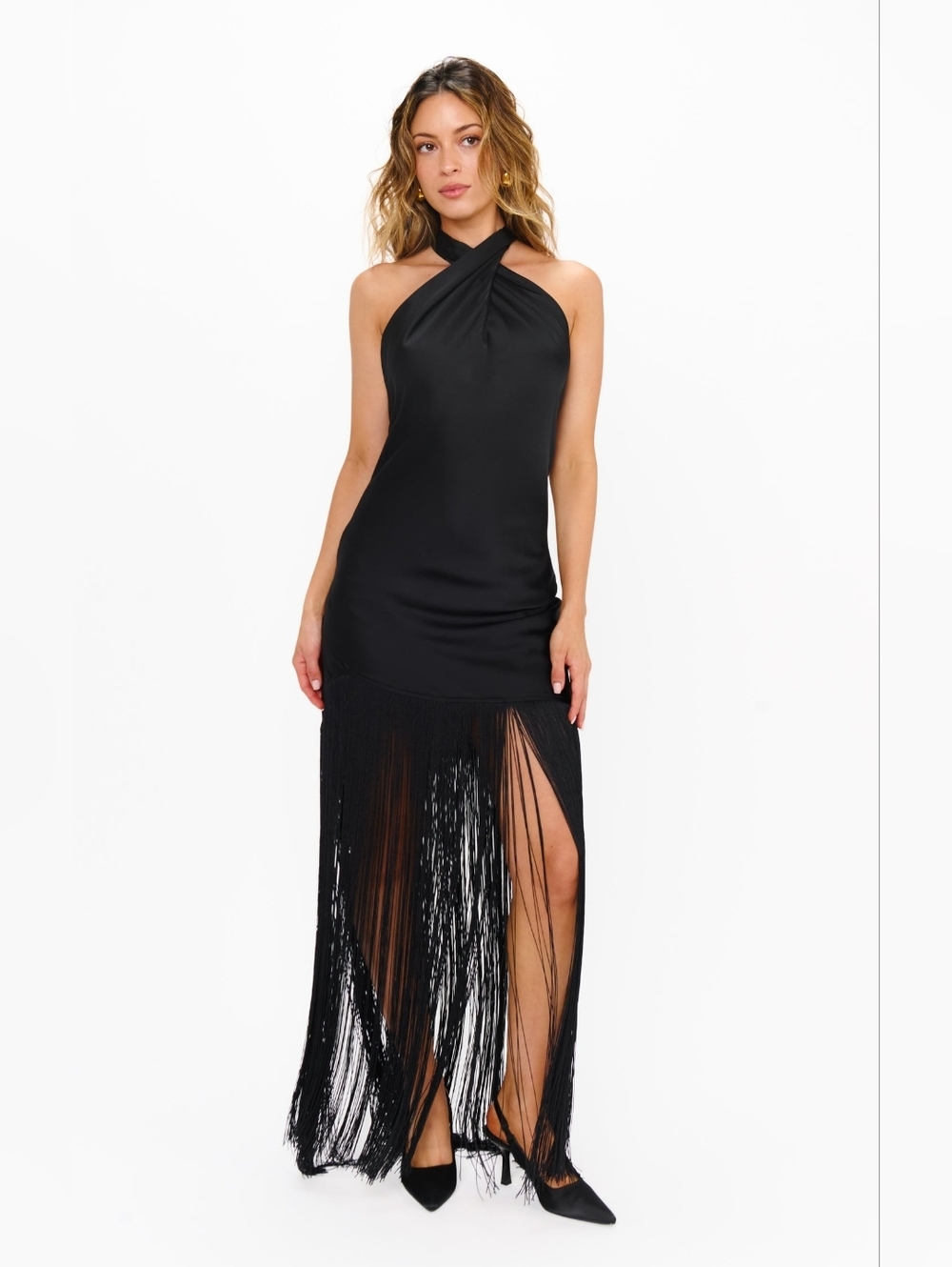Show Me Your Mumu Jasmine Fringe Maxi Black Luxe Satin Dress XS Wedding Party - Picture 6 of 12